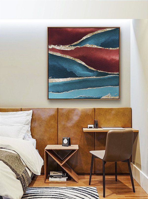 Quadro Quadrado Abstrato Vermelho Dourado Azul Turquesa Canvas Moldura