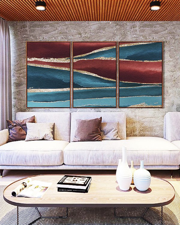 Trio de Quadros Abstrato Vermelho Dourado Azul Turquesa Canvas Moldura