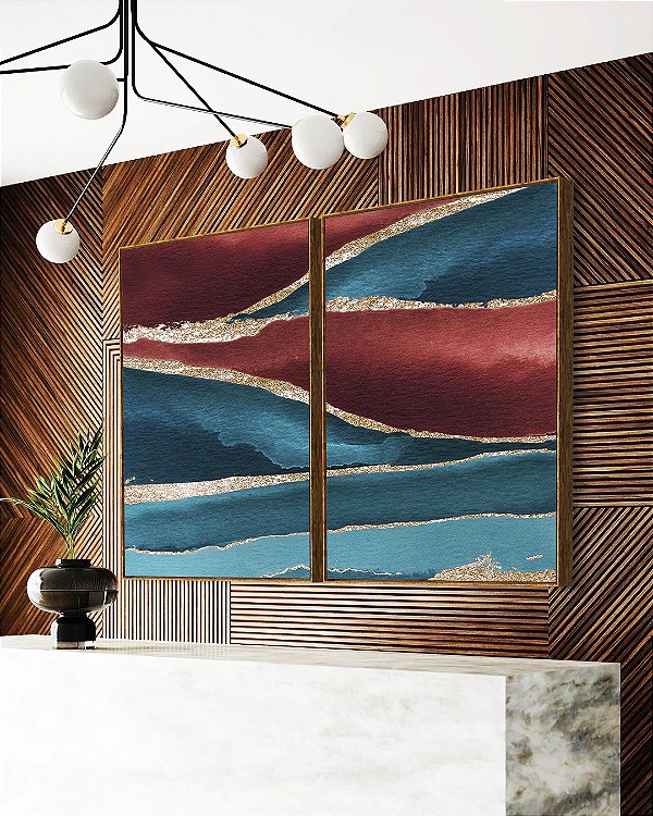 Duo de Quadros Abstrato Vermelho Dourado Azul Turquesa Canvas Moldura