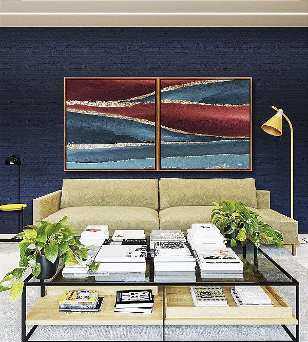 Duo de Quadros Quadrados Abstrato Vermelho Dourado Azul Turquesa Canvas Moldura