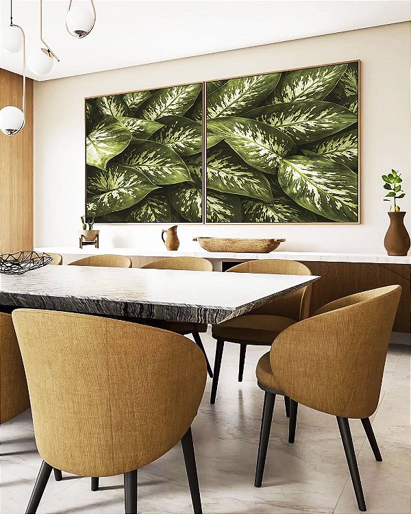 Duo de Quadros Quadrados Planta Comigo-Ninguém-Pode Folhagem Natureza Paisagem Canvas Moldura