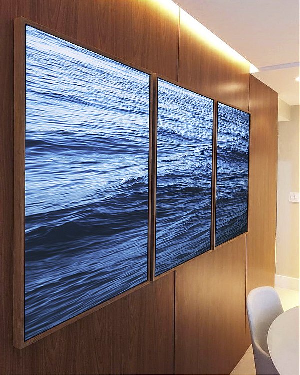 Trio de Quadros Mar Ondulado Azul Intenso Natureza Canvas Moldura