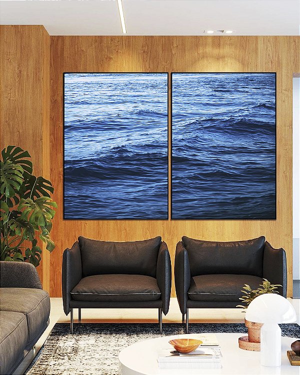 Duo de Quadros Mar Ondulado Azul Intenso Natureza Canvas Moldura