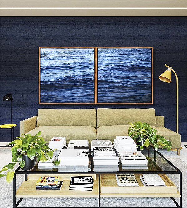 Duo de Quadros Quadrados Mar Ondulado Azul Intenso Natureza Canvas Moldura
