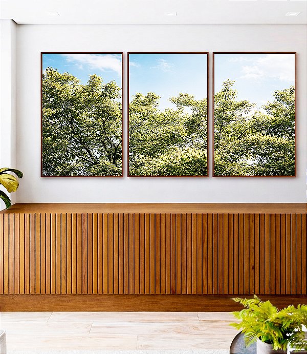 Trio de Quadros Árvores Folhagem Verde Céu Claro Nuvens Natureza Paisagem Canvas Moldura