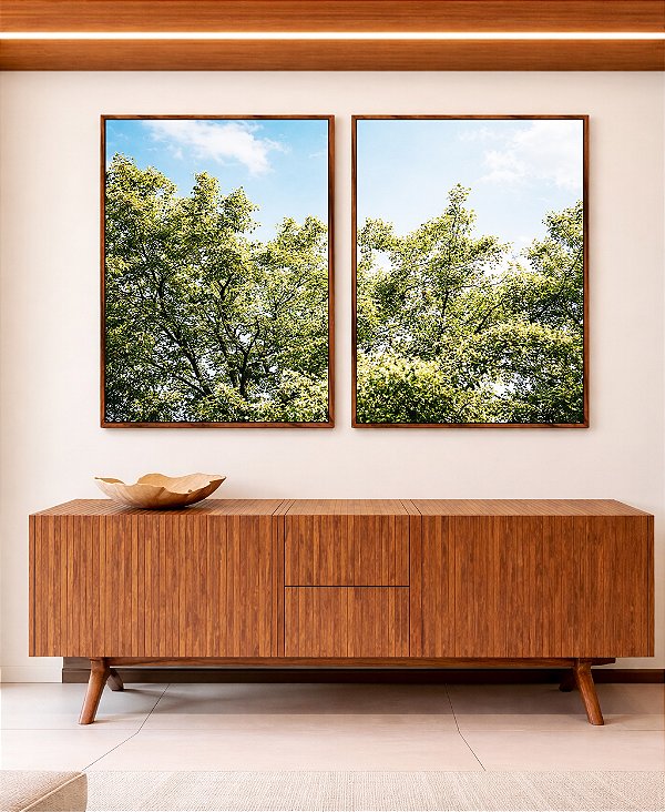 Duo de Quadros Árvores Folhagem Verde Céu Claro Nuvens Natureza Paisagem Canvas Moldura