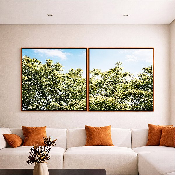 Duo de Quadros Quadrados Árvores Folhagem Verde Céu Claro Nuvens Natureza Paisagem Canvas Moldura