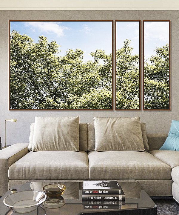 Trio de Quadros Estilizados Árvores Folhagem Verde Céu Claro Nuvens Natureza Paisagem Canvas Moldura