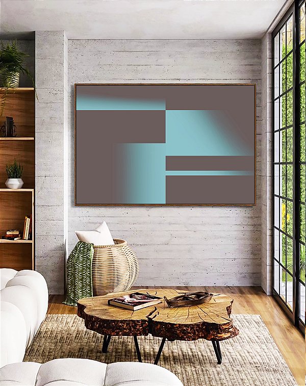 Quadro Horizontal Abstrato Degradê Geométrico Cinza Grafite Verde Turquesa Canvas Moldura