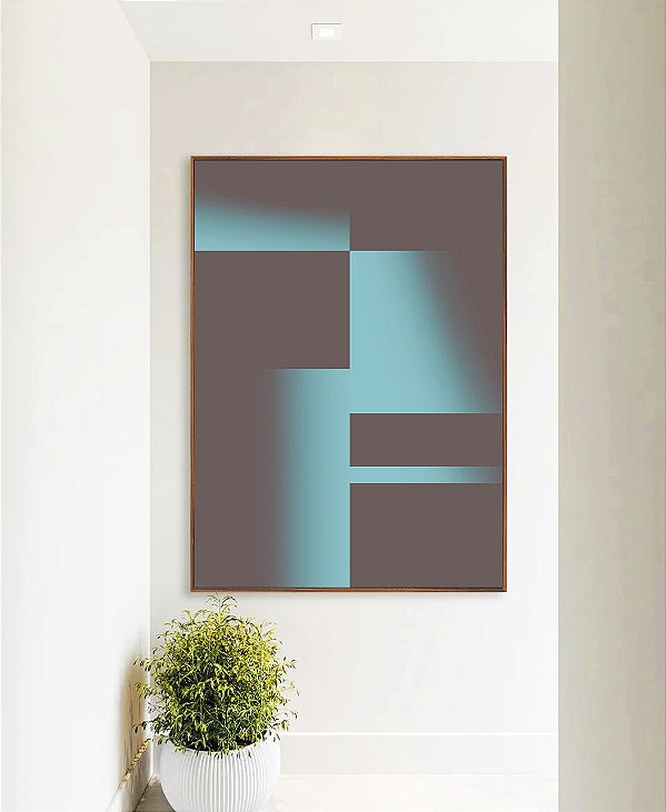 Quadro Vertical Abstrato Degradê Geométrico Cinza Grafite Verde Turquesa Canvas Moldura