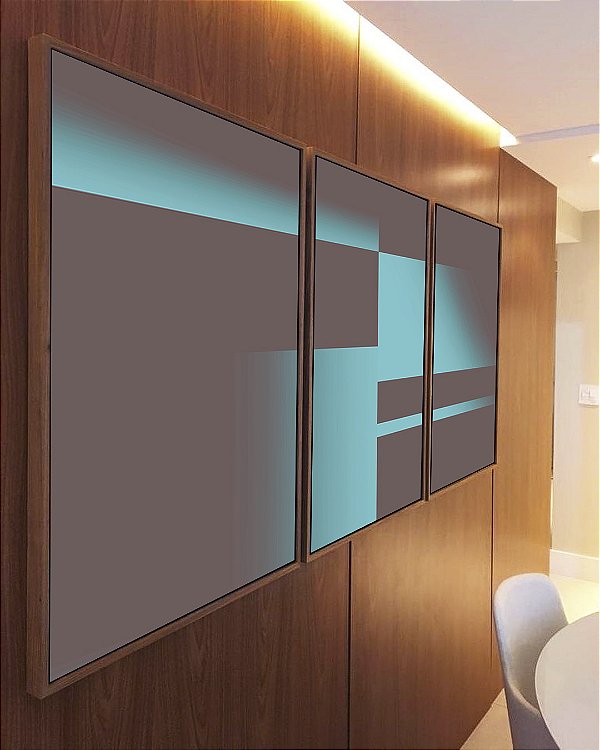 Trio de Quadros Abstrato Degradê Geométrico Cinza Grafite Verde Turquesa Canvas Moldura