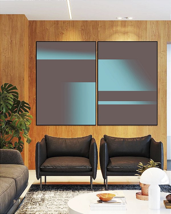 Duo de Quadros Abstrato Degradê Geométrico Cinza Grafite Verde Turquesa Canvas Moldura