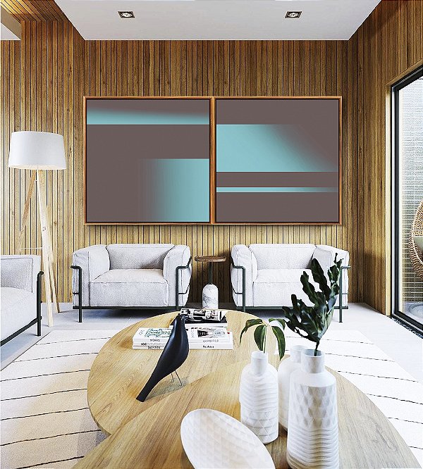 Duo de Quadros Quadrados Abstrato Degradê Geométrico Cinza Grafite Verde Turquesa Canvas Moldura