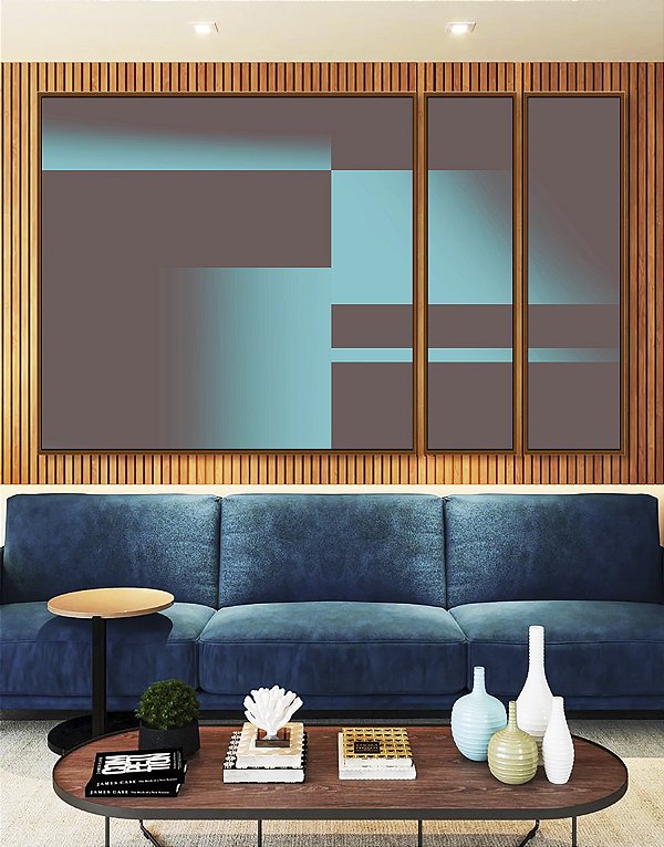Trio de Quadros Estilizados Abstrato Degradê Geométrico Cinza Grafite Verde Turquesa Canvas Moldura