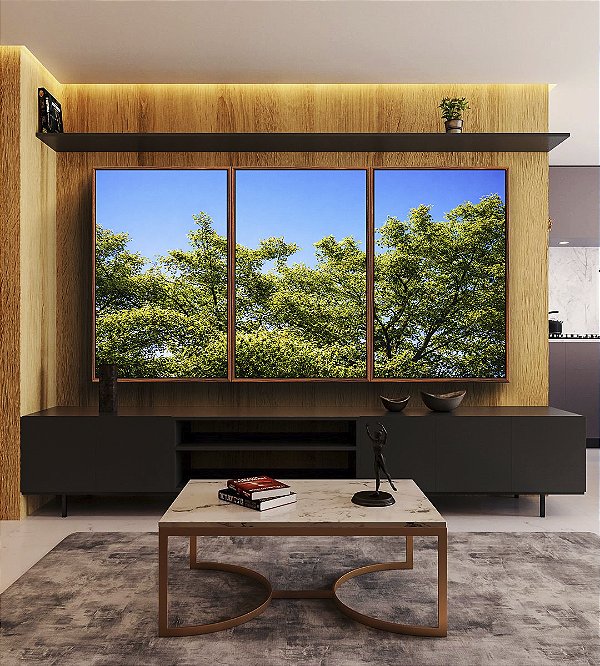 Trio de Quadros Árvores Folhagem Verde Céu Claro Limpo Natureza Paisagem Canvas Moldura