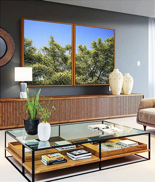 Duo de Quadros Árvores Folhagem Verde Céu Claro Limpo Natureza Paisagem Canvas Moldura