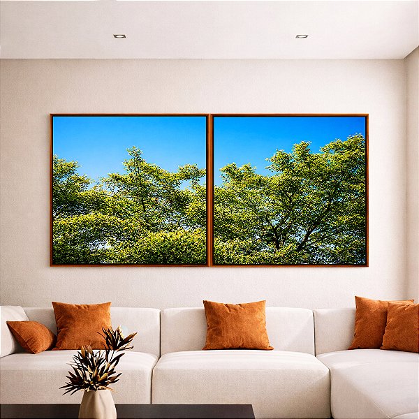 Duo de Quadros Quadrados Árvores Folhagem Verde Céu Claro Limpo Natureza Paisagem Canvas Moldura