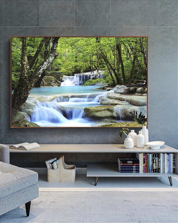 Quadro Horizontal Cachoeira Água Azul Árvores Floresta Natureza Paisagem Canvas Moldura