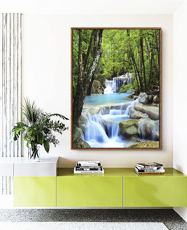 Quadro Vertical Cachoeira Água Azul Árvores Floresta Natureza Paisagem Canvas Moldura