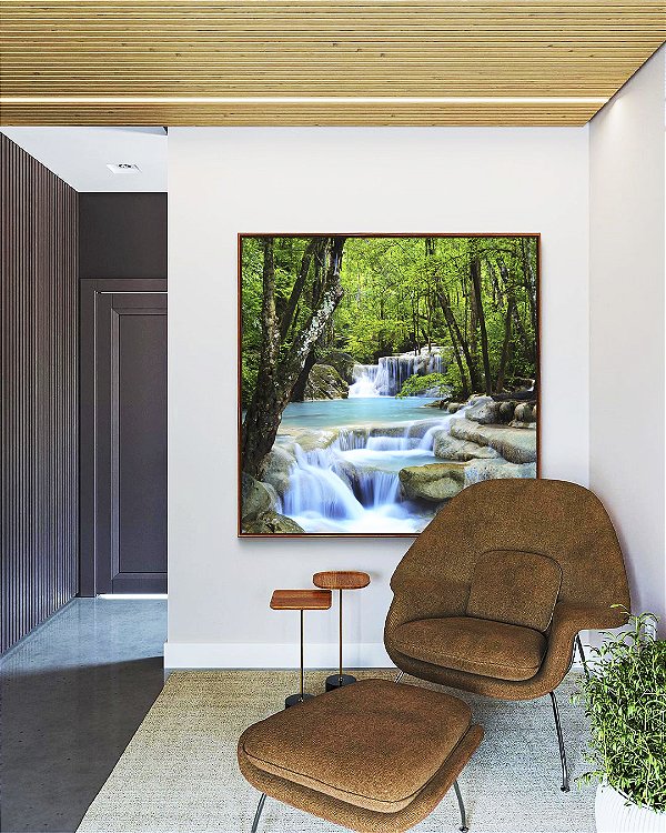 Quadro Quadrado Cachoeira Água Azul Árvores Floresta Natureza Paisagem Canvas Moldura