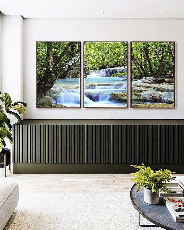 Trio de Quadros Cachoeira Água Azul Árvores Floresta Natureza Paisagem Canvas Moldura