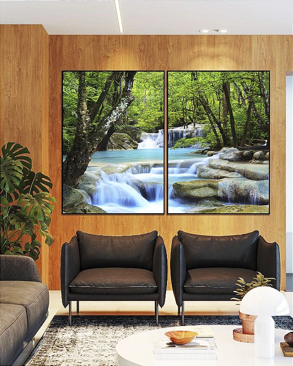 Duo de Quadros Cachoeira Água Azul Árvores Floresta Natureza Paisagem Canvas Moldura