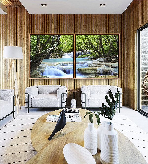 Duo de Quadros Quadrados Cachoeira Água Azul Árvores Floresta Natureza Paisagem Canvas Moldura