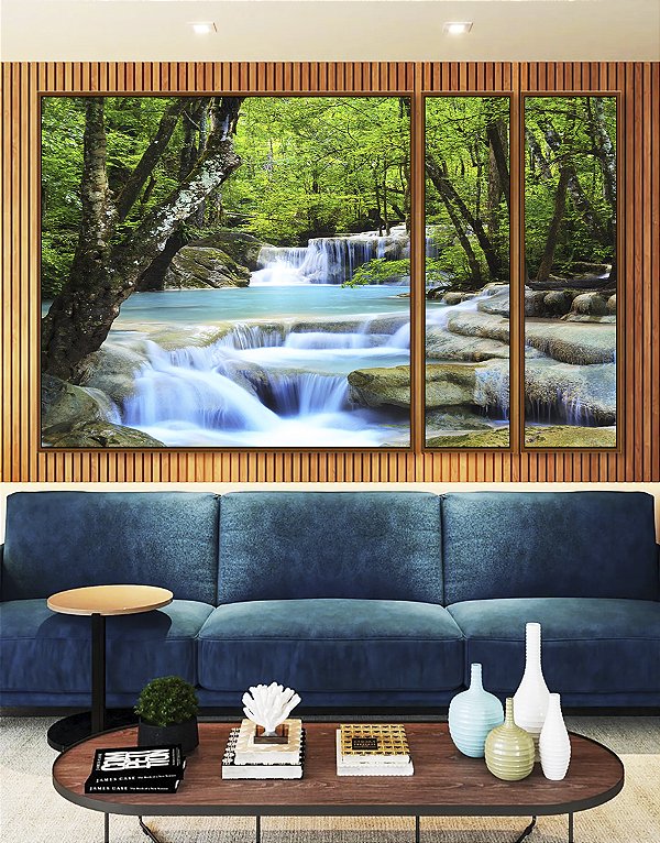 Trio de Quadros Estilizados Cachoeira Água Azul Árvores Floresta Natureza Paisagem Canvas Moldura