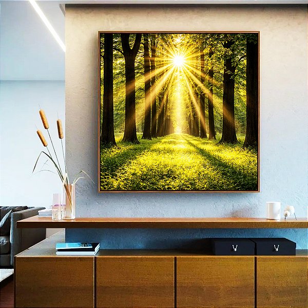 Quadro Quadrado Caminho Entre Árvores Luzes do Sol Natureza Paisagem Canvas Moldura
