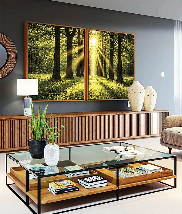Duo de Quadros Caminho Entre Árvores Luzes do Sol Natureza Paisagem Canvas Moldura