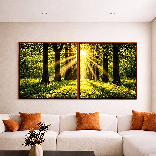 Duo de Quadros Quadrados Caminho Entre Árvores Luzes do Sol Natureza Paisagem Canvas Moldura