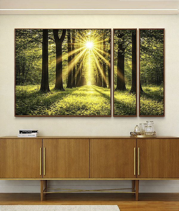 Trio de Quadros Estilizados Caminho Entre Árvores Luzes do Sol Natureza Paisagem Canvas Moldura