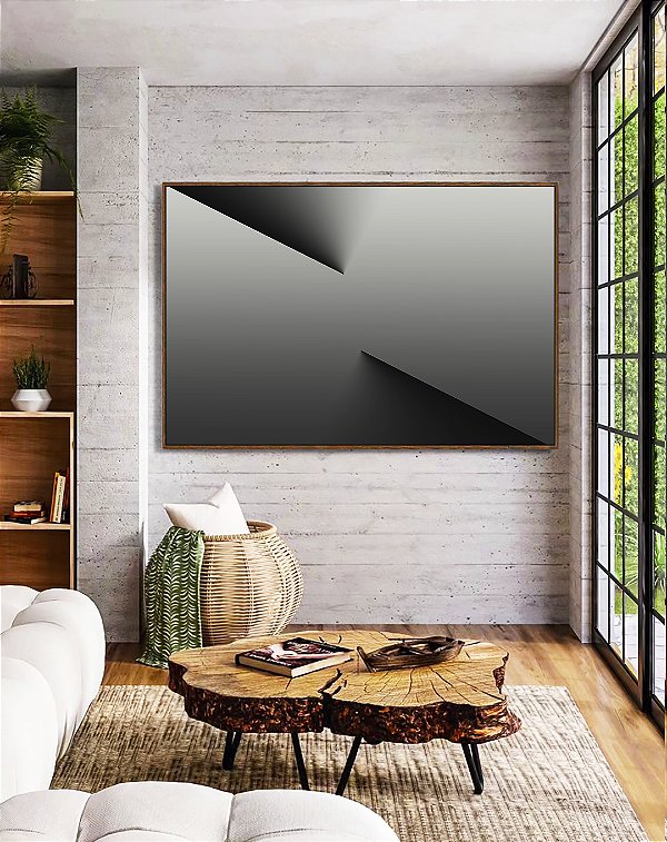 Quadro Horizontal Abstrato Degradê Cinza Chumbo Prata Efeito Profundidade Canvas Moldura