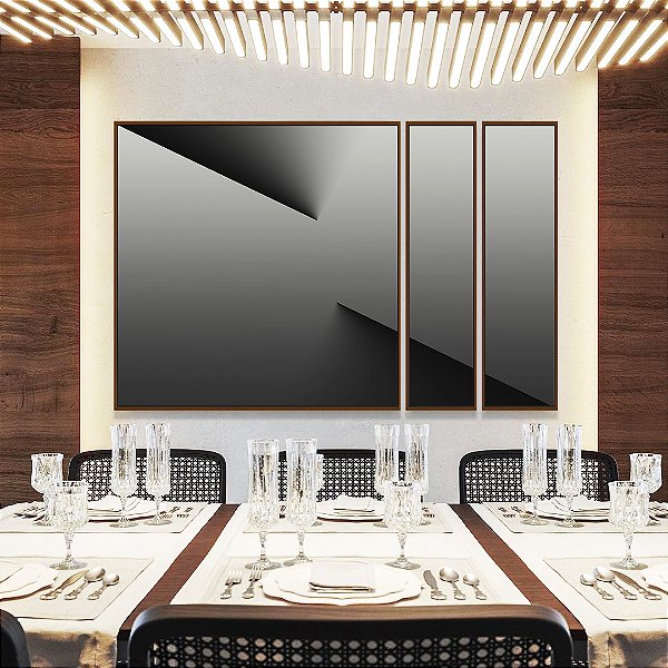 Trio de Quadros Estilizados Abstrato Degradê Cinza Chumbo Prata Efeito Profundidade Canvas Moldura