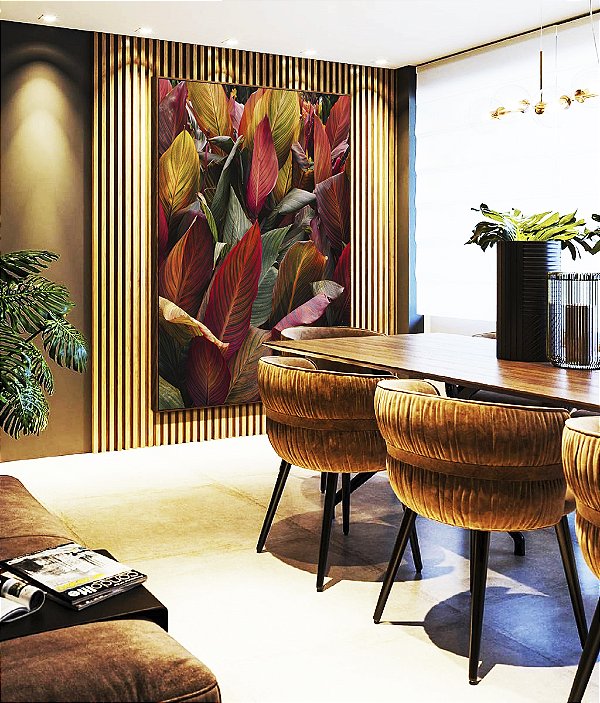 Quadro Vertical Folhagem Tropical Cróton Planta Colorida Natureza Paisagem Canvas Moldura