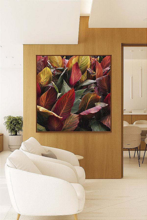 Quadro Quadrado Folhagem Tropical Cróton Planta Colorida Natureza Paisagem Canvas Moldura