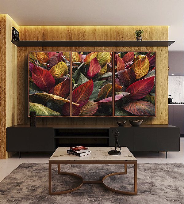 Trio de Quadros Folhagem Tropical Cróton Planta Colorida Natureza Paisagem Canvas Moldura