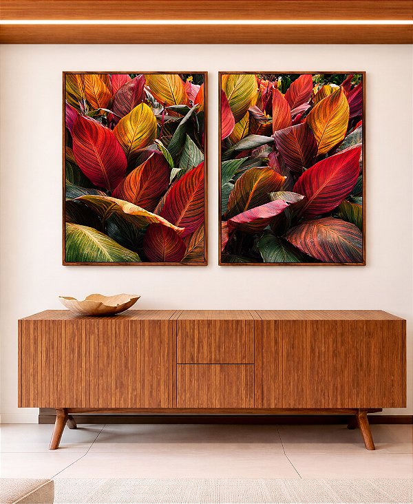Duo de Quadros Folhagem Tropical Cróton Planta Colorida Natureza Paisagem Canvas Moldura