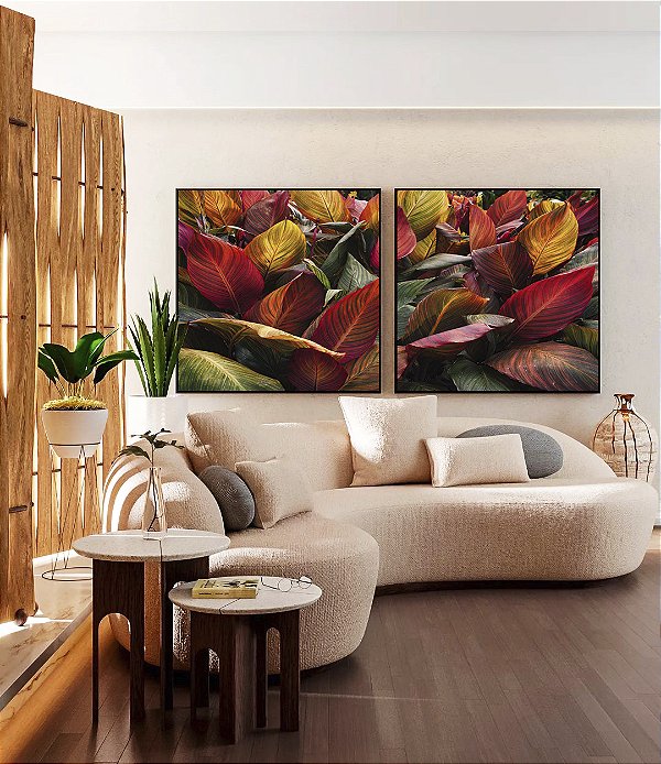 Duo de Quadros Quadrados Folhagem Tropical Cróton Planta Colorida Natureza Paisagem Canvas Moldura