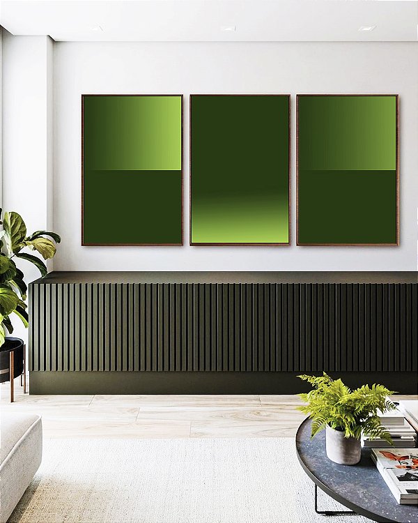 Trio de Quadros Abstrato Degradê Geométrico Verde Limão Canvas Moldura