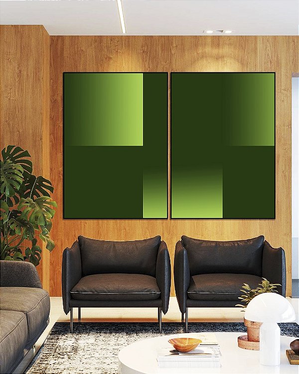 Duo de Quadros Abstrato Degradê Geométrico Verde Limão Canvas Moldura