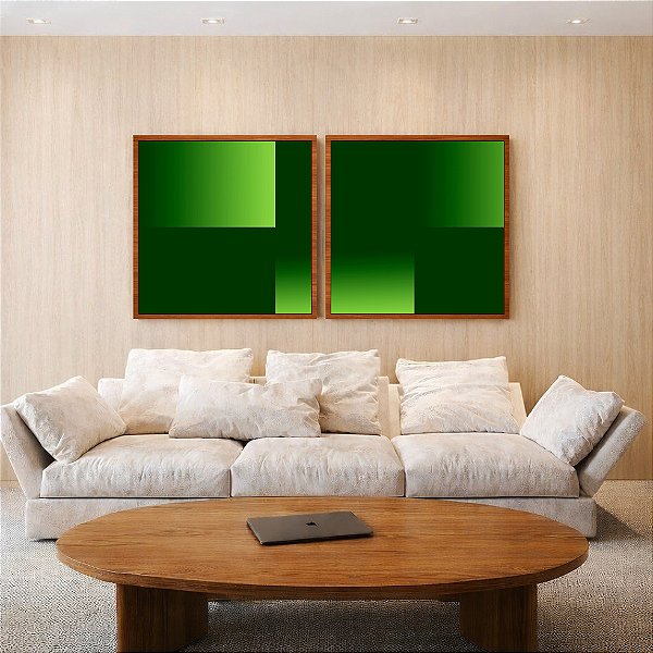 Duo de Quadros Quadrados Abstrato Degradê Geométrico Verde Limão Canvas Moldura