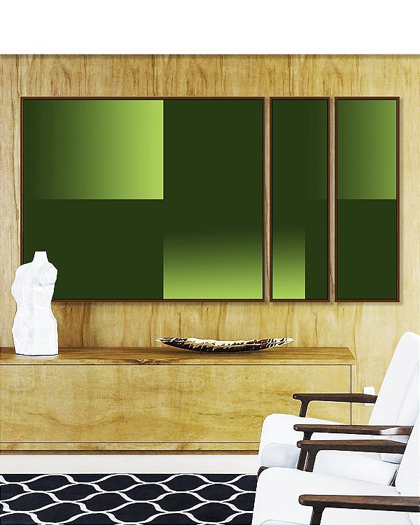 Trio de Quadros Estilizados Abstrato Degradê Geométrico Verde Limão Canvas Moldura