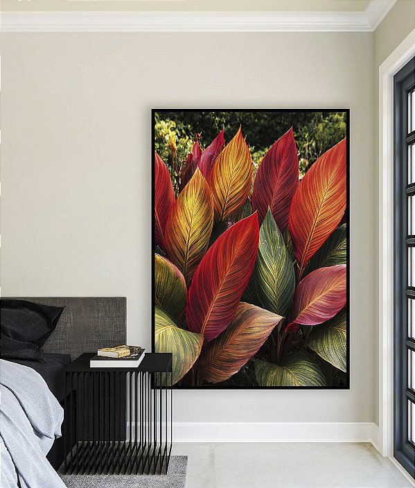 Quadro Vertical Planta Cróton Colorida Folhagem Tropical Natureza Paisagem Canvas Moldura