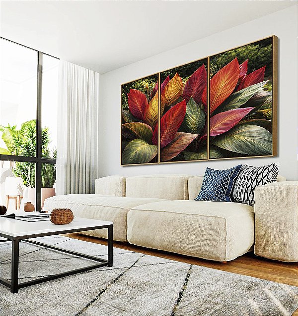 Trio de Quadros Planta Cróton Colorida Folhagem Tropical Natureza Paisagem Canvas Moldura
