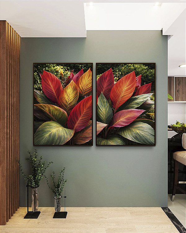 Duo de Quadros Planta Cróton Colorida Folhagem Tropical Natureza Paisagem Canvas Moldura