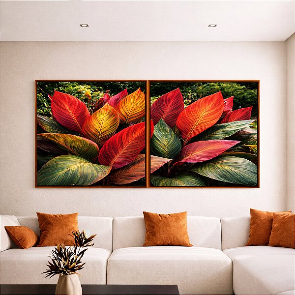 Duo de Quadros Quadrados Planta Cróton Colorida Folhagem Tropical Natureza Canvas Moldura