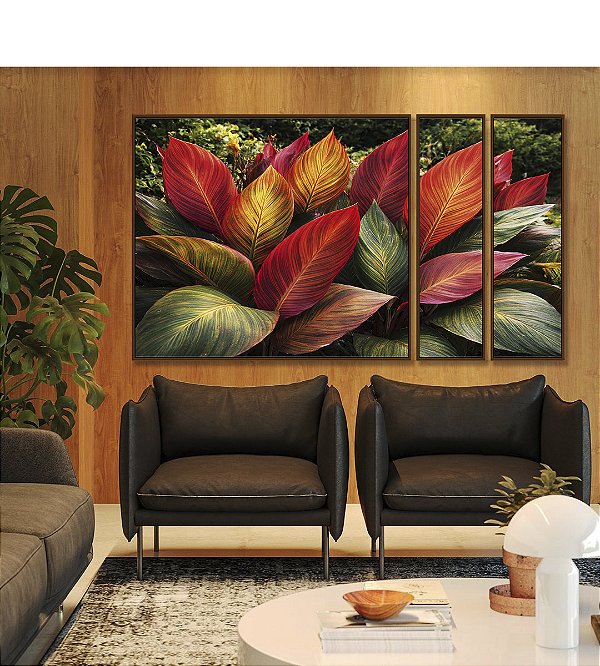 Trio de Quadros Estilizados Planta Cróton Colorida Folhagem Tropical Natureza Canvas Moldura