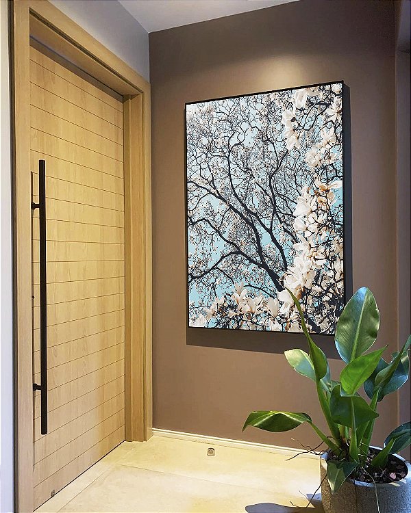 Quadro Vertical Árvore Flores Brancas Céu Azul Claro Natureza Paisagem Canvas Moldura