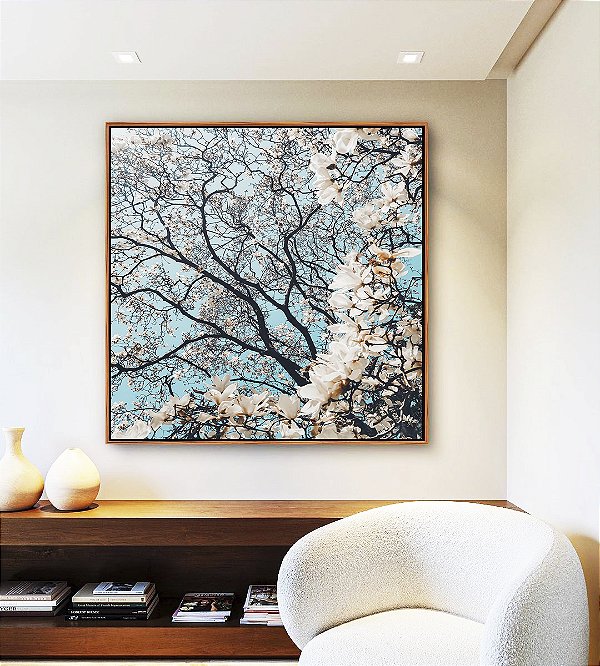 Quadro Quadrado Árvore Flores Brancas Céu Azul Claro Natureza Paisagem Canvas Moldura